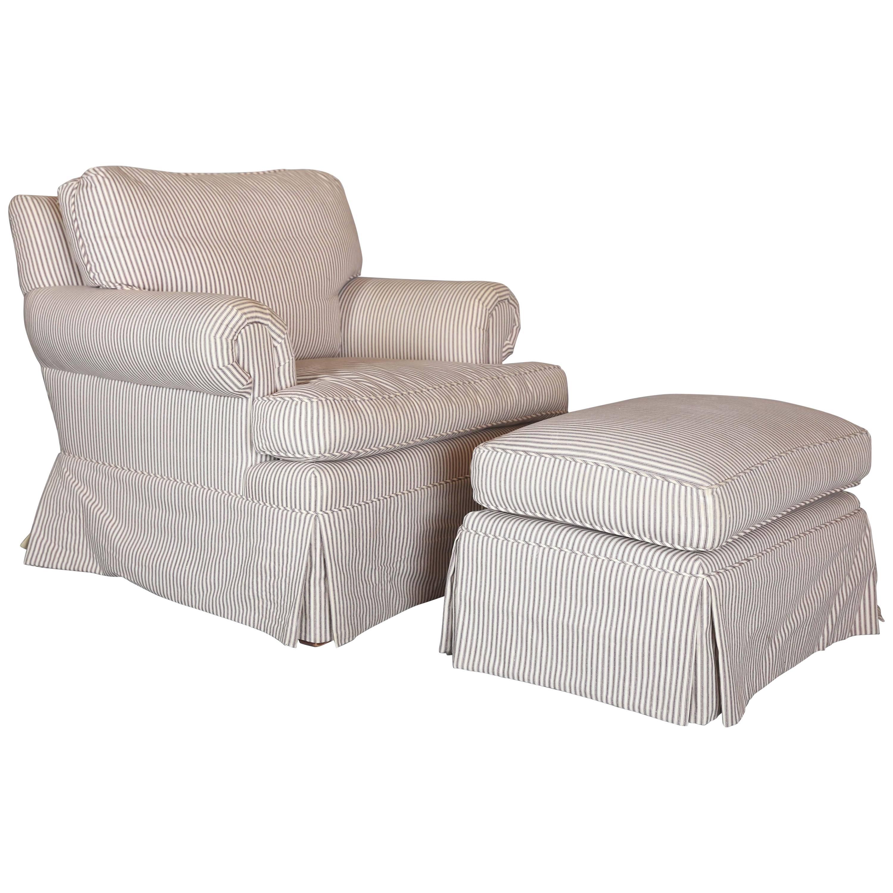 Custom Down-Filled Skirted Club Chair and Ottoman in Ticking Stripe For Sale