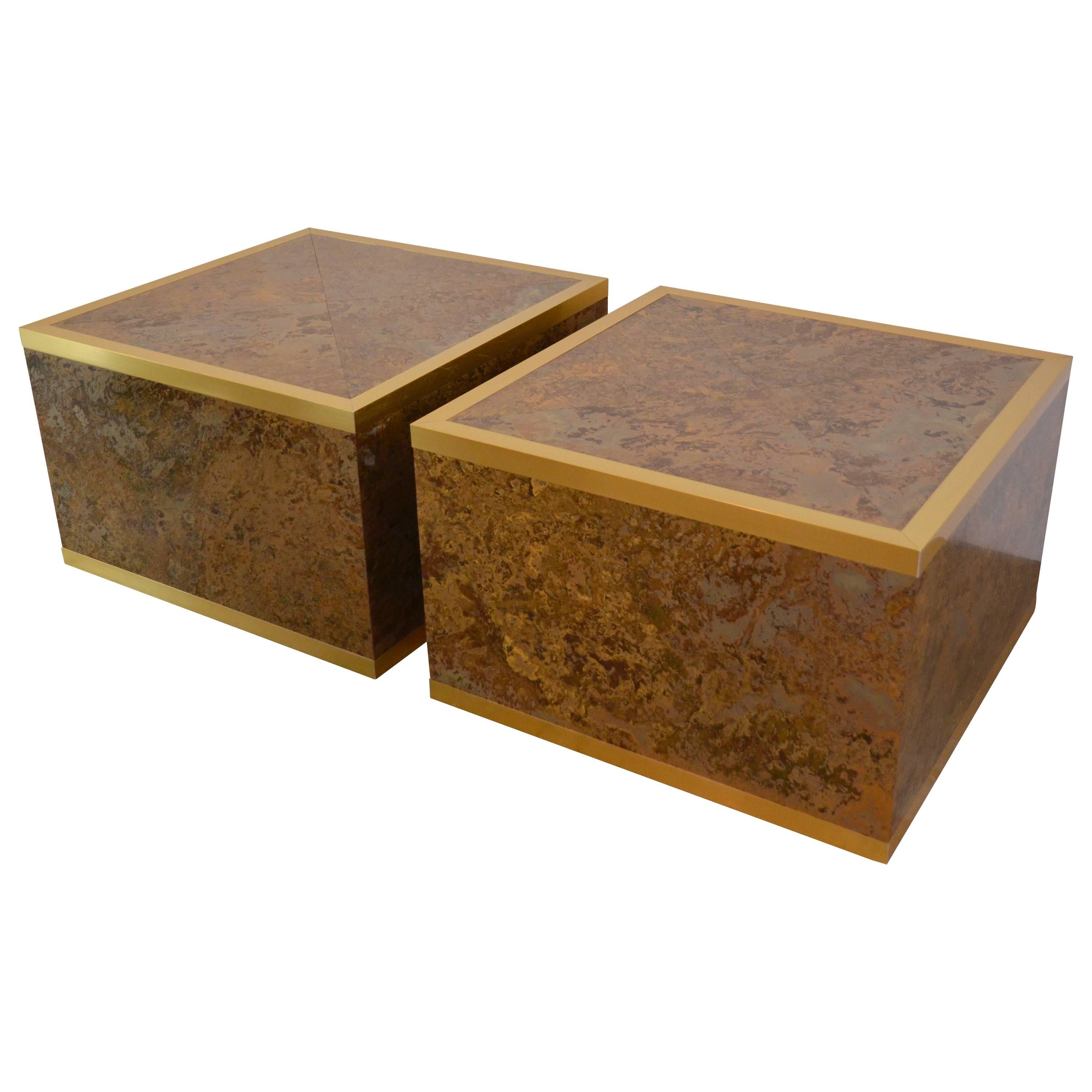 Faux Tortoise Shell and Brass Cube Tables by Lane