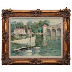 Impressionist Style Oil Painting of Sailboats Moored in a European Town