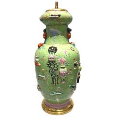 Antique Qing Dynasty Raised Decoration Chinese Porcelain Vase Lamp, 19th Century