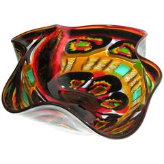 Afro Celotto Large Free-Form Art Glass Bowl in Red Black Turquoise and Yellow