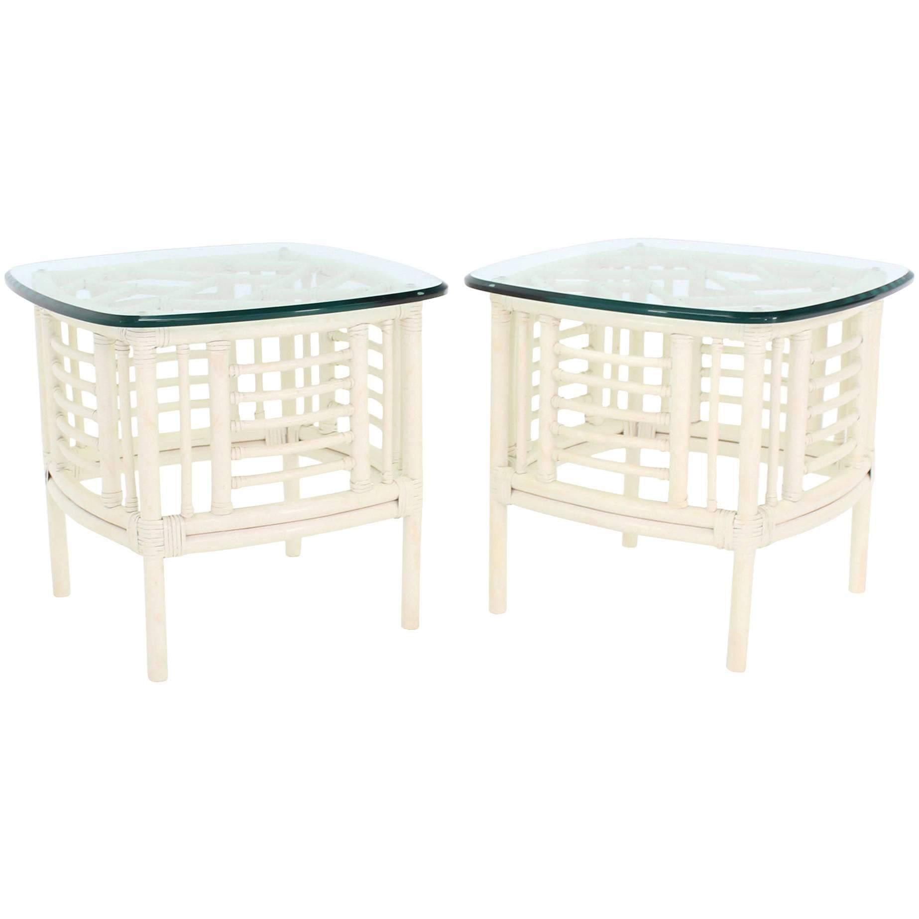 Pair of White Rattan Glass Top Mid-Century Modern Side Tables For Sale