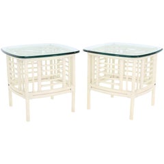 Pair of White Rattan Glass Top Mid-Century Modern Side Tables