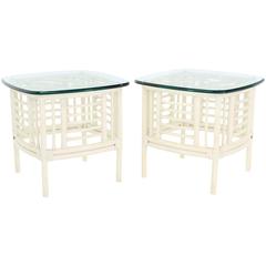 Vintage Pair of White Rattan Glass Top Mid-Century Modern Side Tables