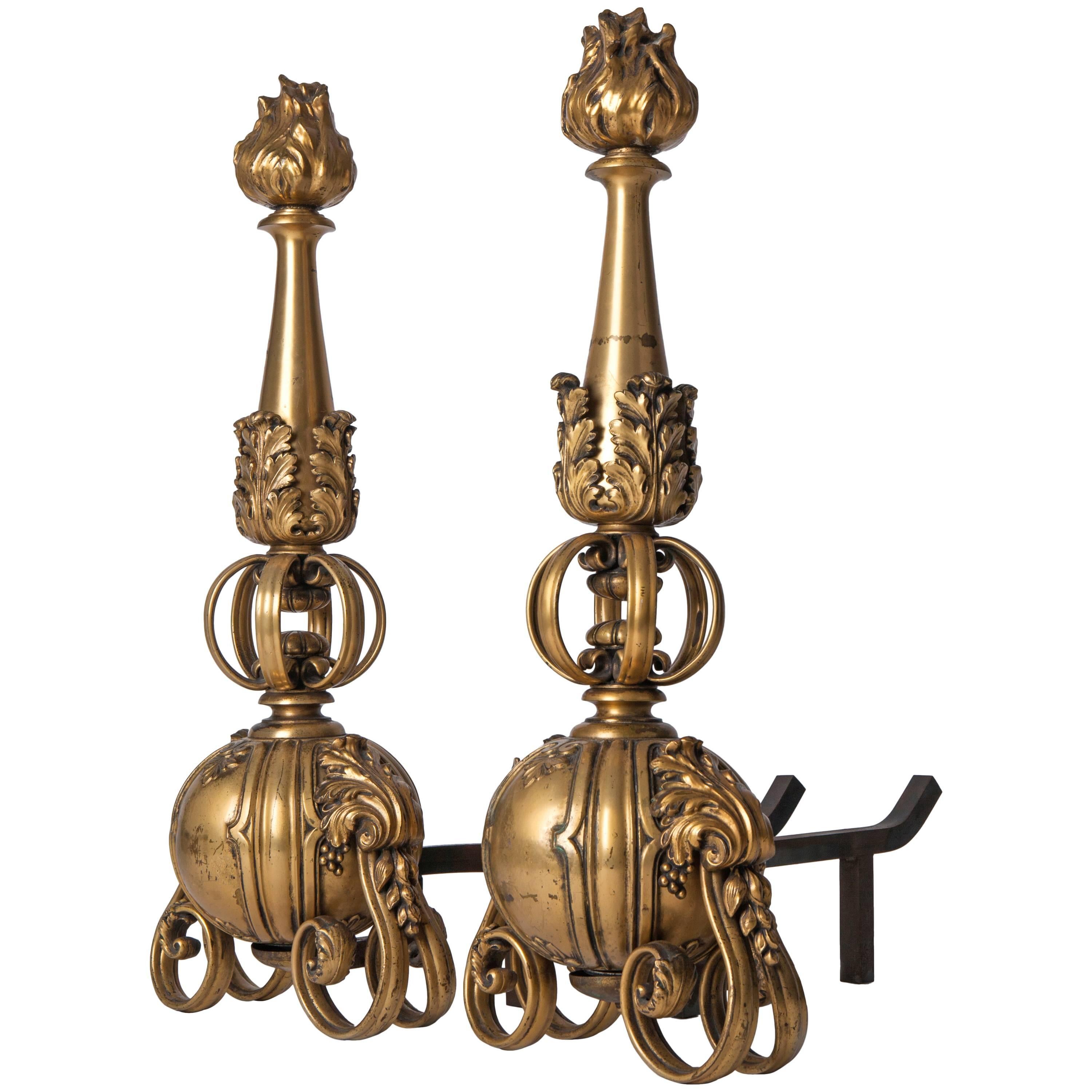 Gilded Bronze Andirons with Scrolls Attributed to Sterling Bronze Co. Circa 1920 For Sale