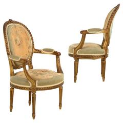Pair of French Louis XVI Carved Tapestry Upholstered Antique Armchair Fauteuils