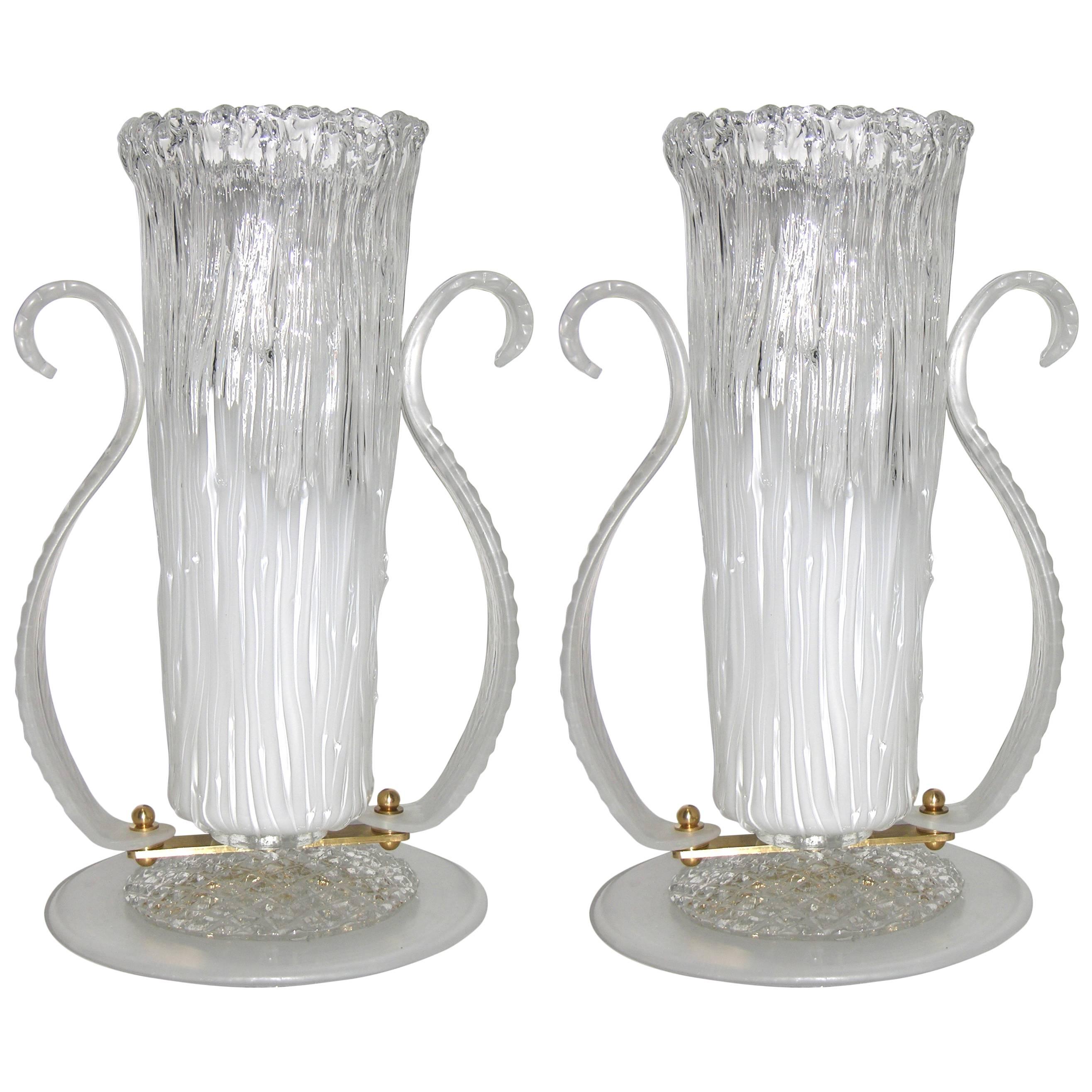 Italian 1980s Art Deco Design Pair of White and Clear Murano Glass Lamps