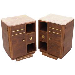 Pair of Marble-Top Art Deco Burl Walnut Nightstands