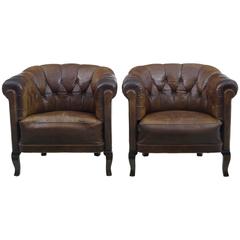 Antique Pair of 1920s Leather Button Back Lounge Armchairs