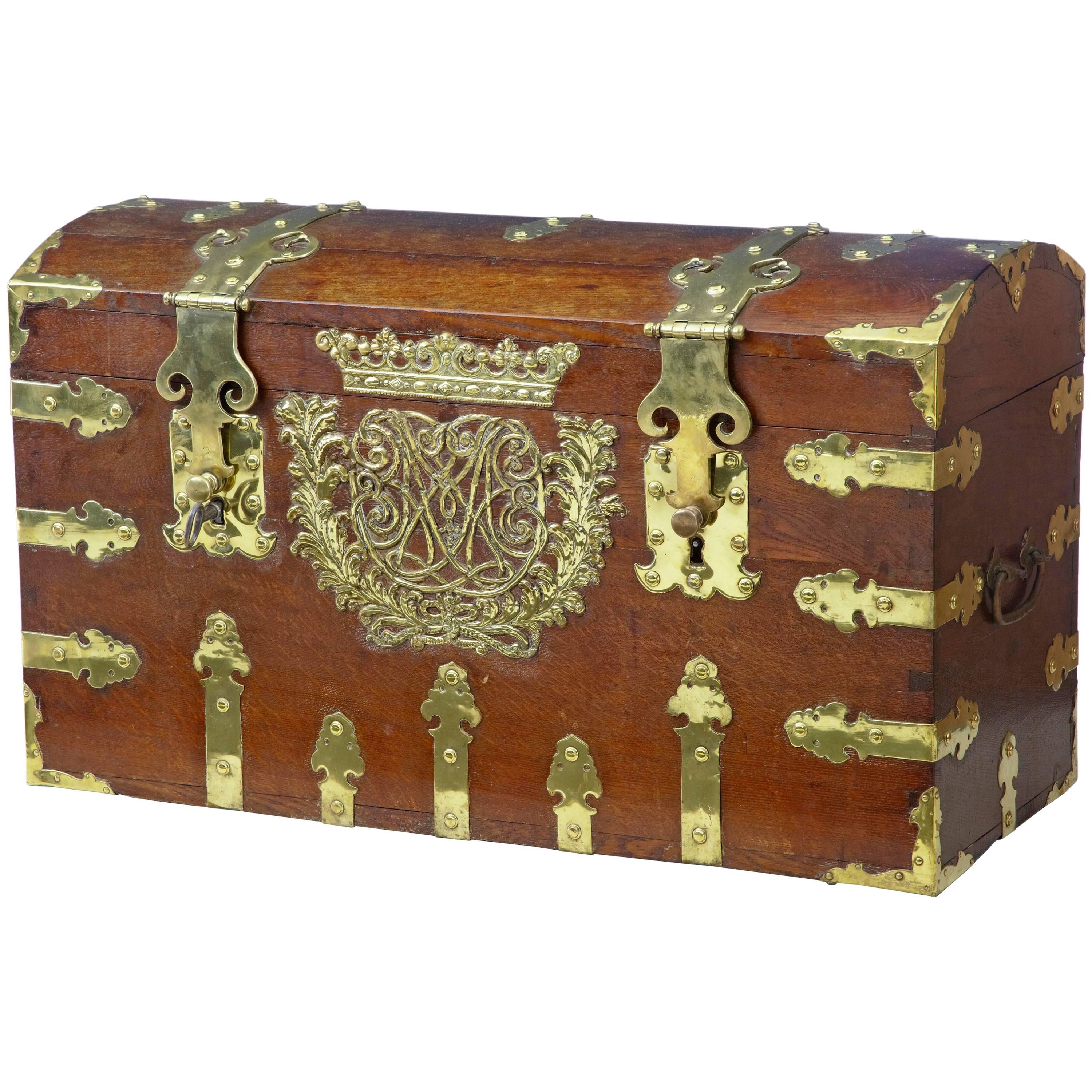 Rare 18th Century Oak and Brass Silk Road Coffer Box