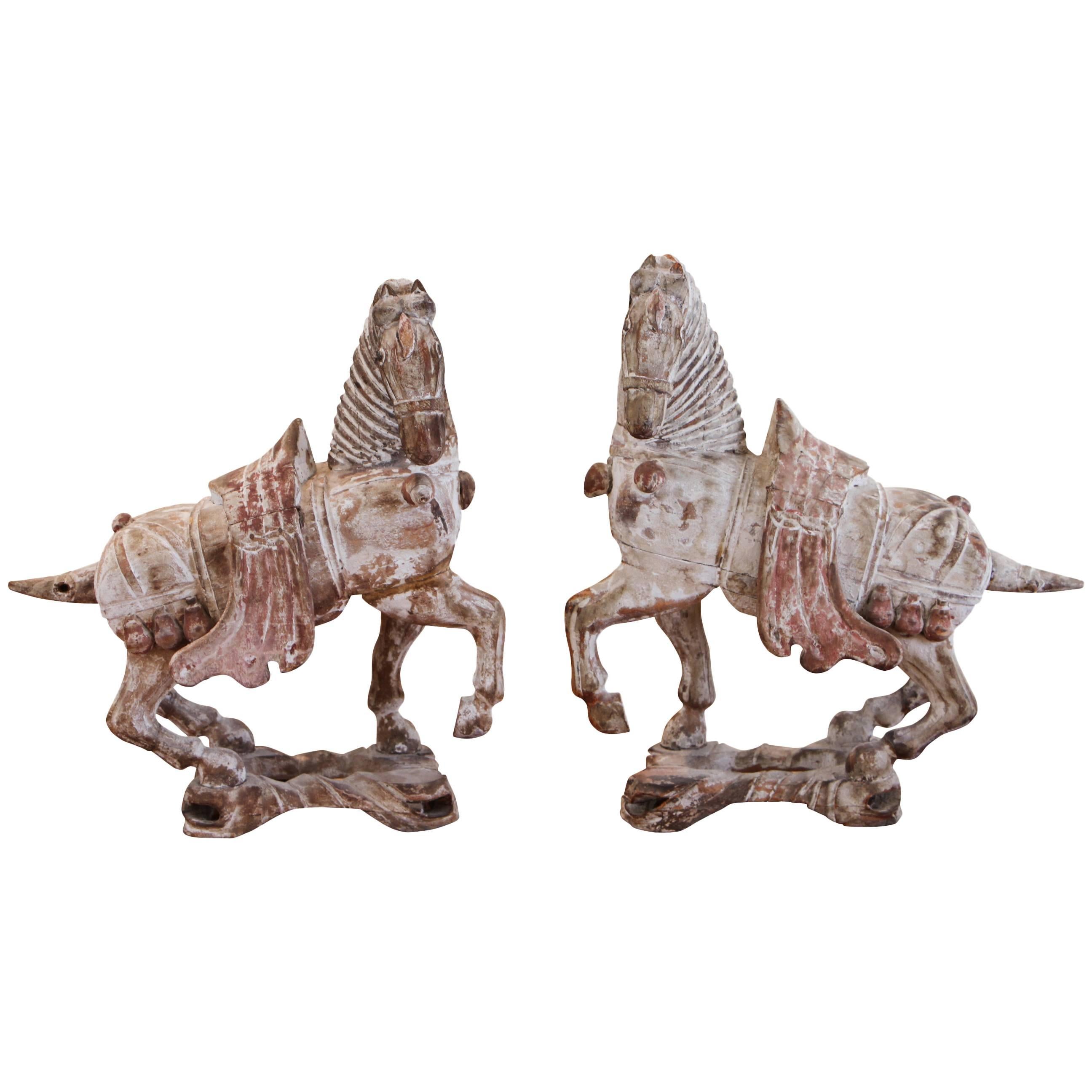 Antique Asian Carved Wood Horse Pair