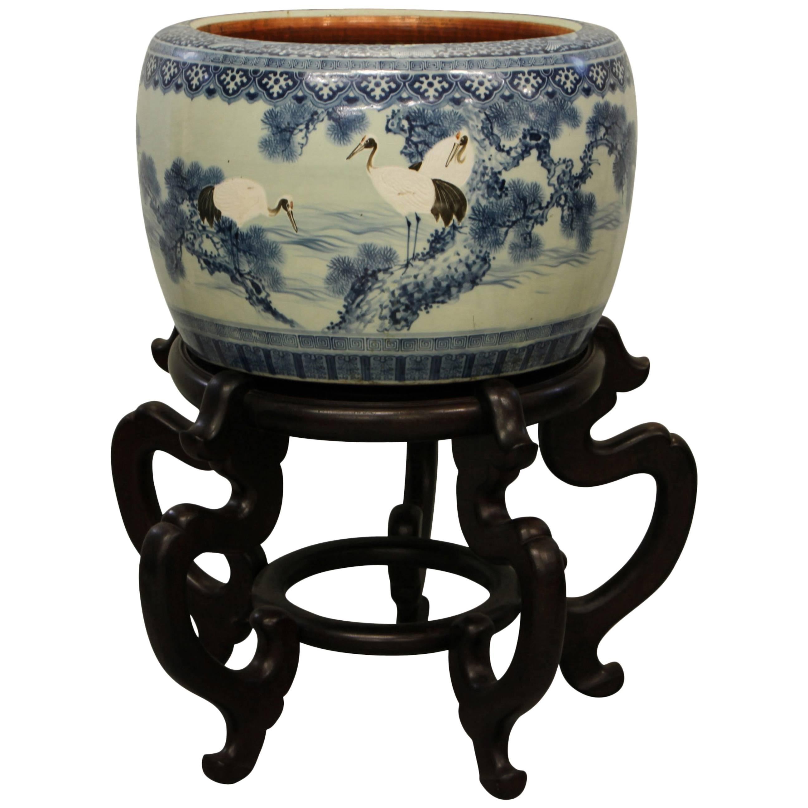 Antique Blue and White Antique Japanese Planter on Stand