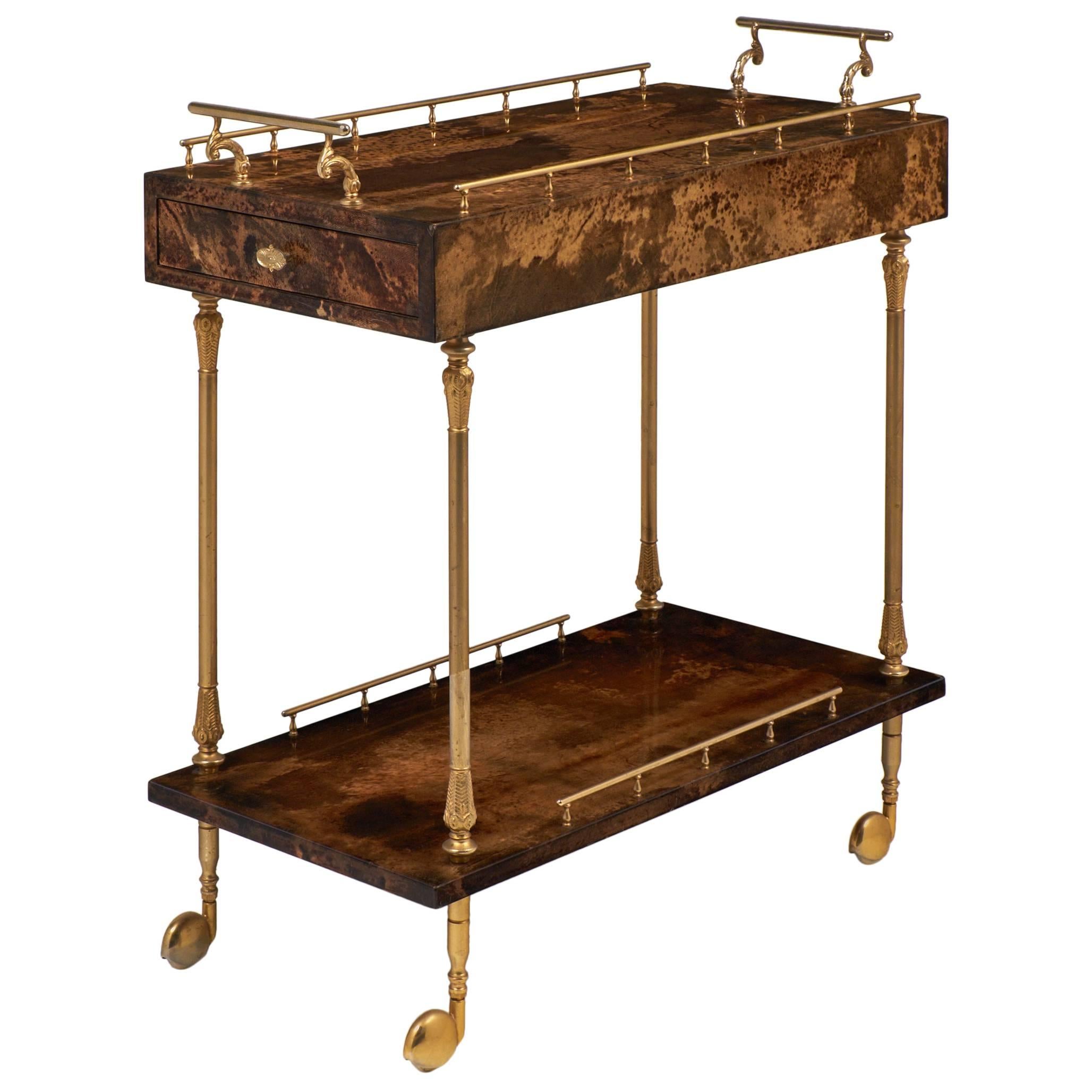Vintage French Lacquered Goatskin and Brass Bar Cart by Aldo Tura