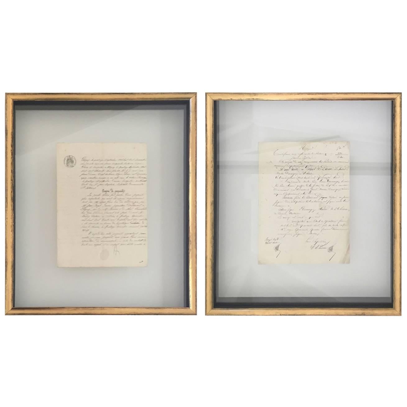 Pair of French Manuscripts Floating Behind Glass Shadow Box Frames For Sale