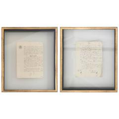 Pair of French Manuscripts Floating Behind Glass Shadow Box Frames