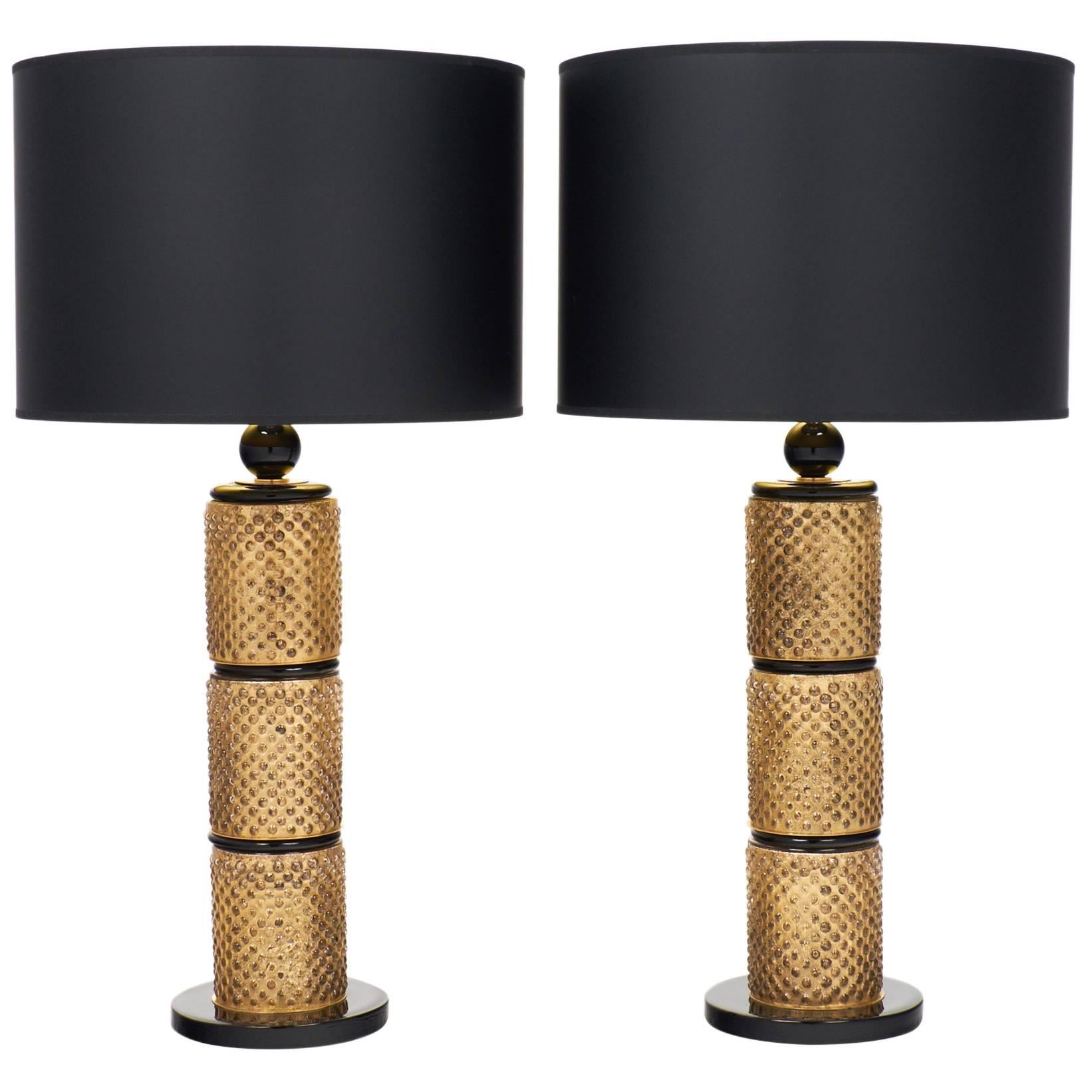 Paire de lampes de bureau en verre de Murano à feuilles d'or et noir en vente