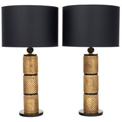 Pair of Murano Gold Leaf and Black Glass Table Lamps
