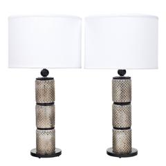 Murano Black and Silver Leaf Glass Pair of Table Lamps