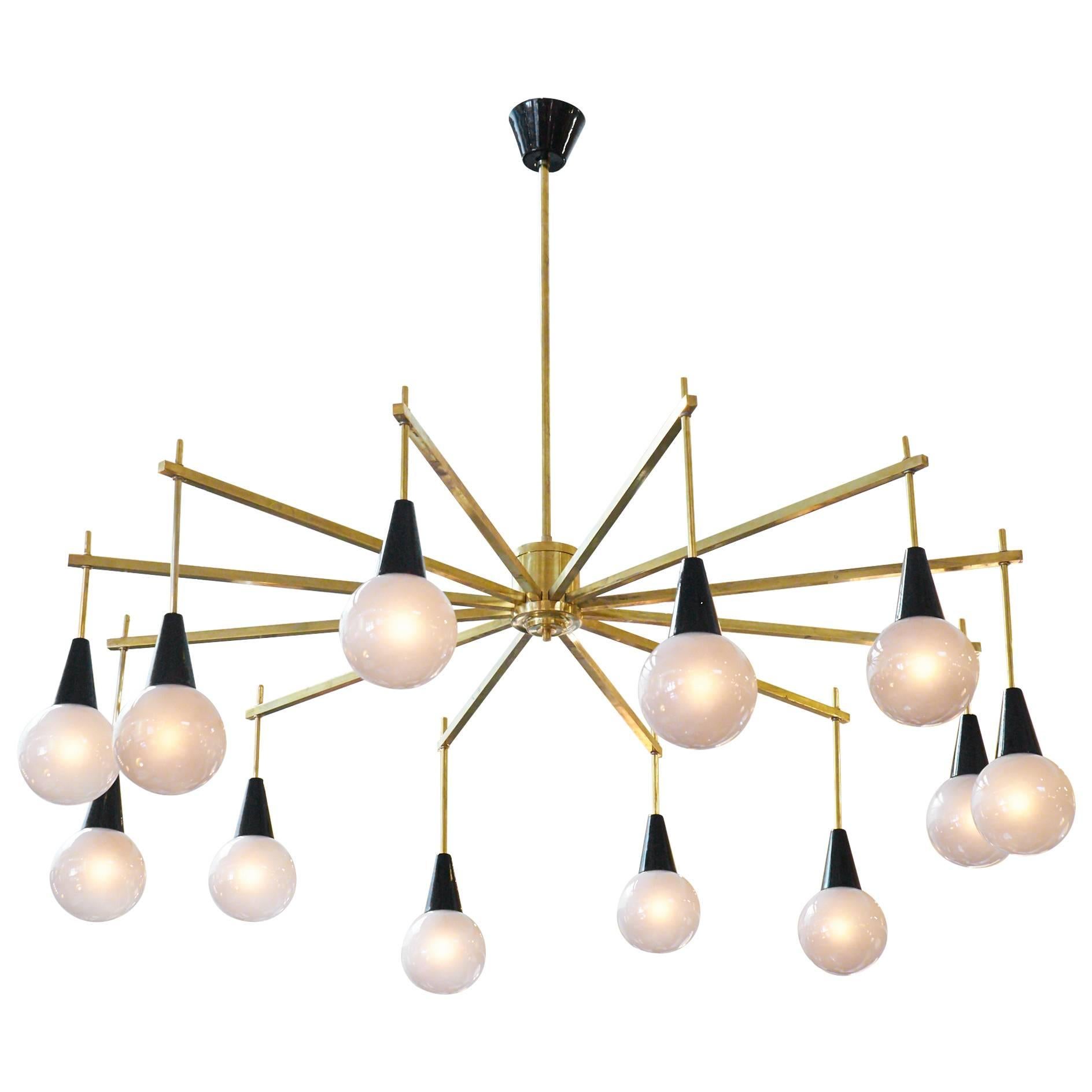 Mid-Century Modern Brass and Murano Glass Chandelier For Sale