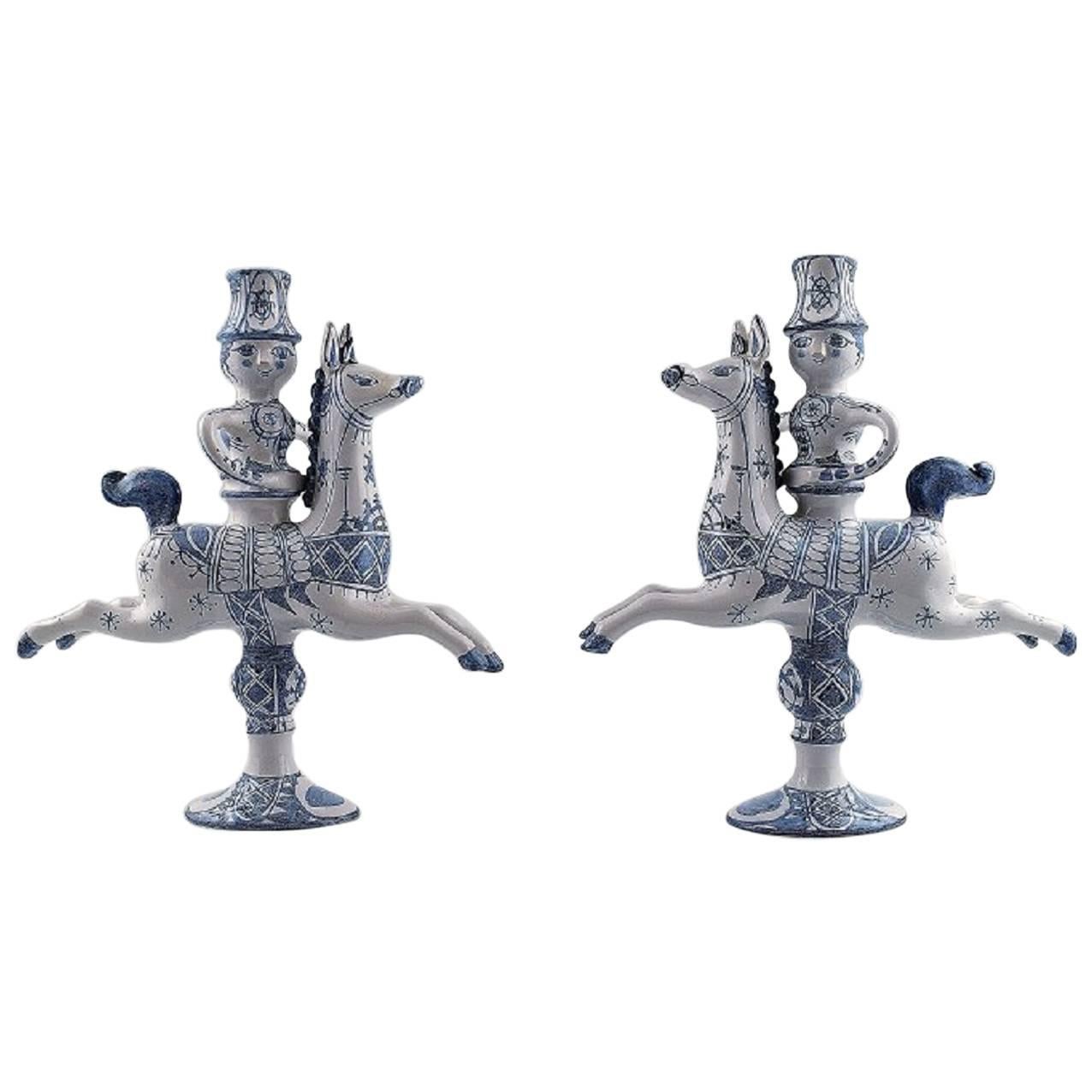 Pair of B. Wiinblad Figurines from the Blue House, Candlesticks Rider on Horse