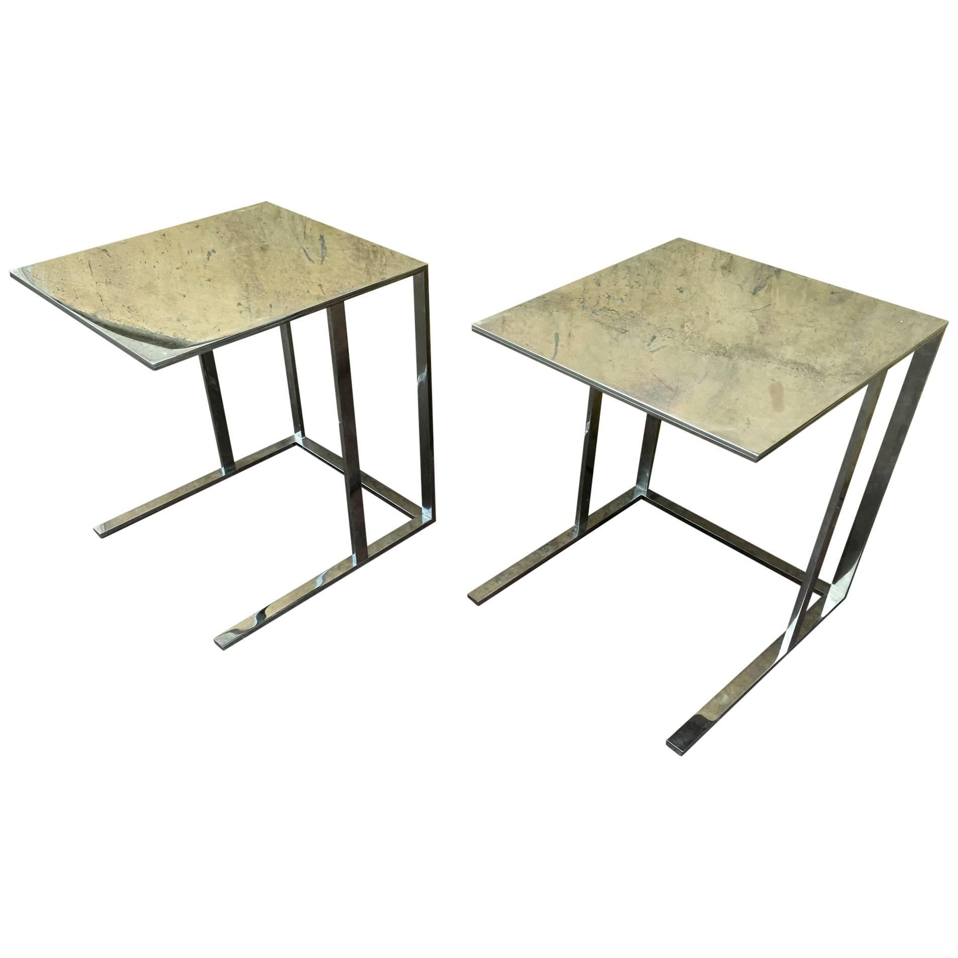 Pair of Modern Polished Steel Side Tables with Pure Design For Sale