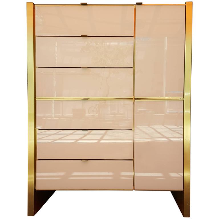 Tall Glass and Brass Dresser by Ello Furniture at 1stDibs