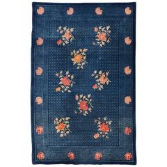 Geometric Antique Chinese Indigo Area Rug with Scattered Red Peony Flowers