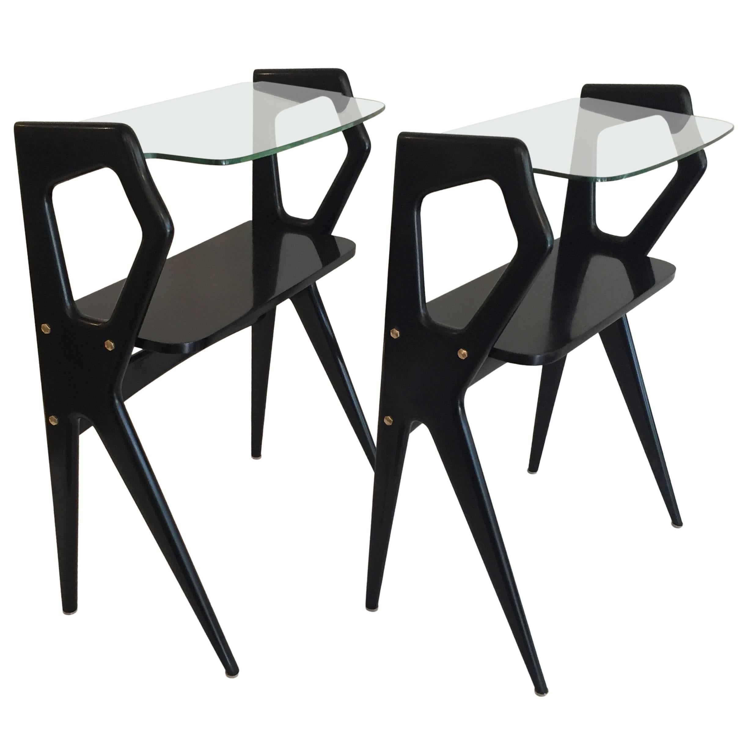 Pair of 1950s Italian Consoles, side tables or Nightstands, ebonized black
