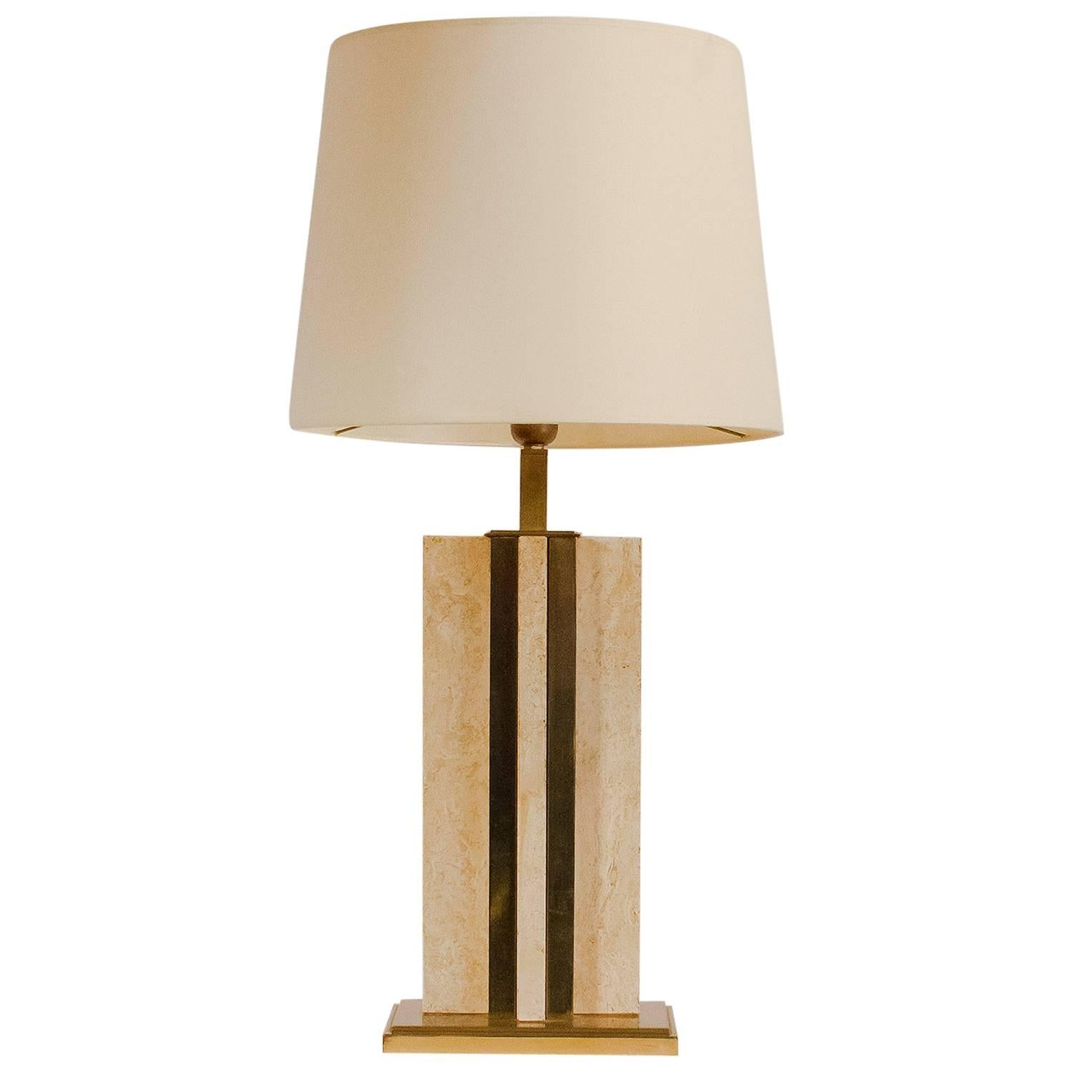 French Travertine and Brass Table Lamp, 1970s For Sale