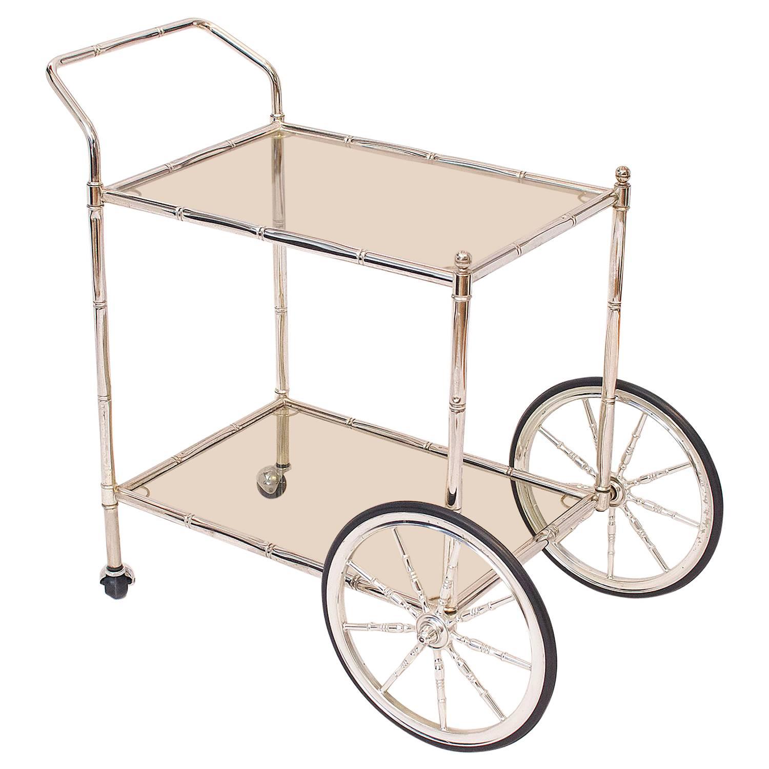 Faux Bamboo Chrome and Glass Bar Cart For Sale