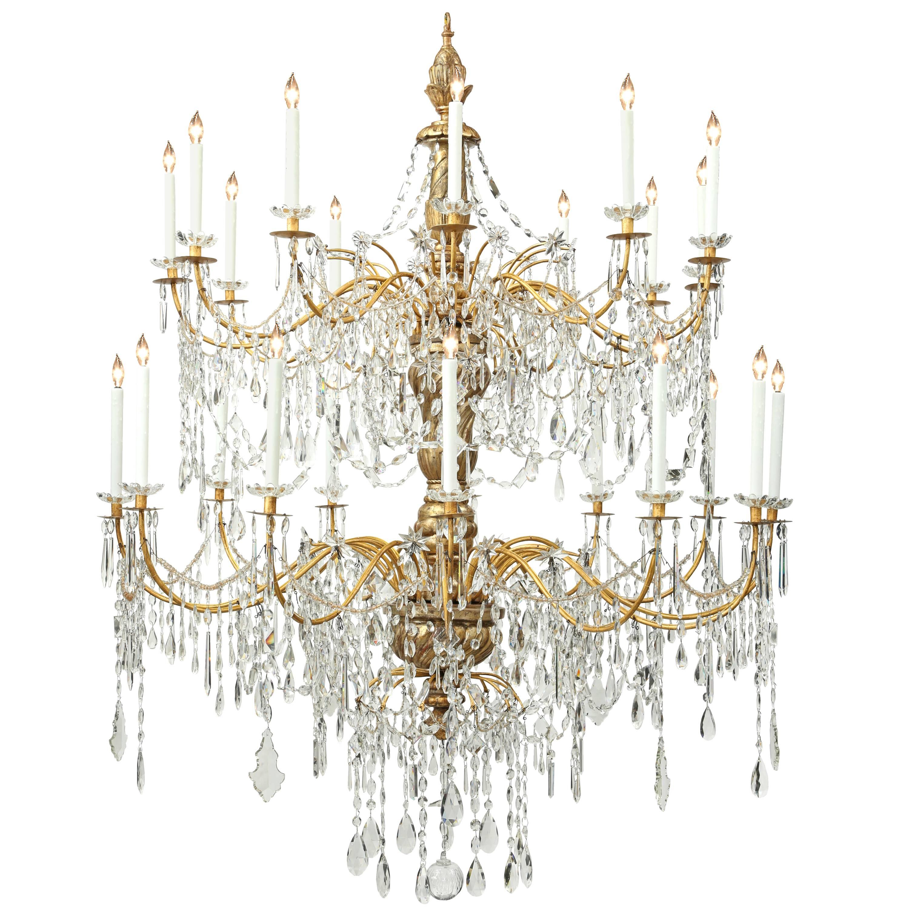 Italian 18th Century Genovese Mecca, Gilt Iron, Crystal Two-Tier Chandelier
