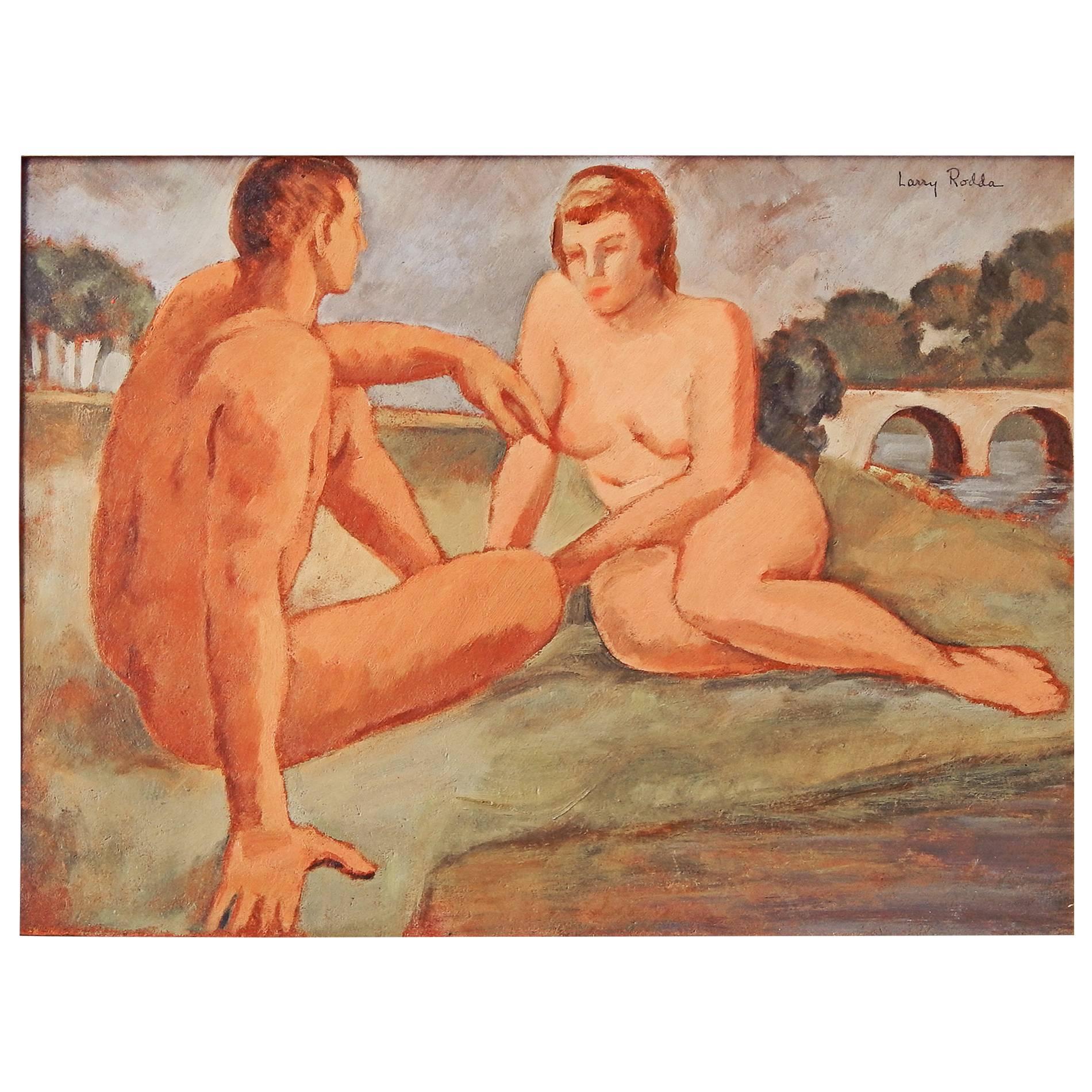 "Desnudos con puente arqueado", pintura de Rodda del periodo WPA, años 30