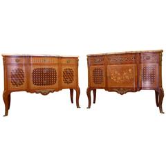 Two French Transition Style Rosewood Veneer Marble-Top Commodes, circa 1920