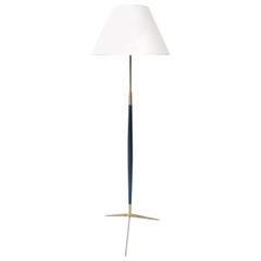 French Brass and Black Lacquered Wood Floor Lamp by Lunel