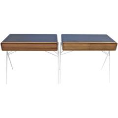 Pair of Italian Bedside Tables or Desks with Teak Drawers and White Iron Legs