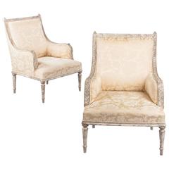 Pair of Louis XVI Style Painted Bergere Armchairs, circa 1940s