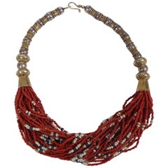 Pearl, Coral and Lapis Twisted Multi-Strands and Silver Bead Necklace