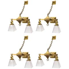 Set of Four Brass Mission Two-Arm Sconce with Chain and Original Shades