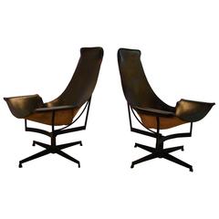 Pair of William Katavolos Leather Sling Swivel Lounge Chairs