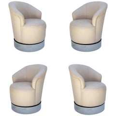 Set of Four Leather and Chrome Barrel Chairs by J. Robert Scott