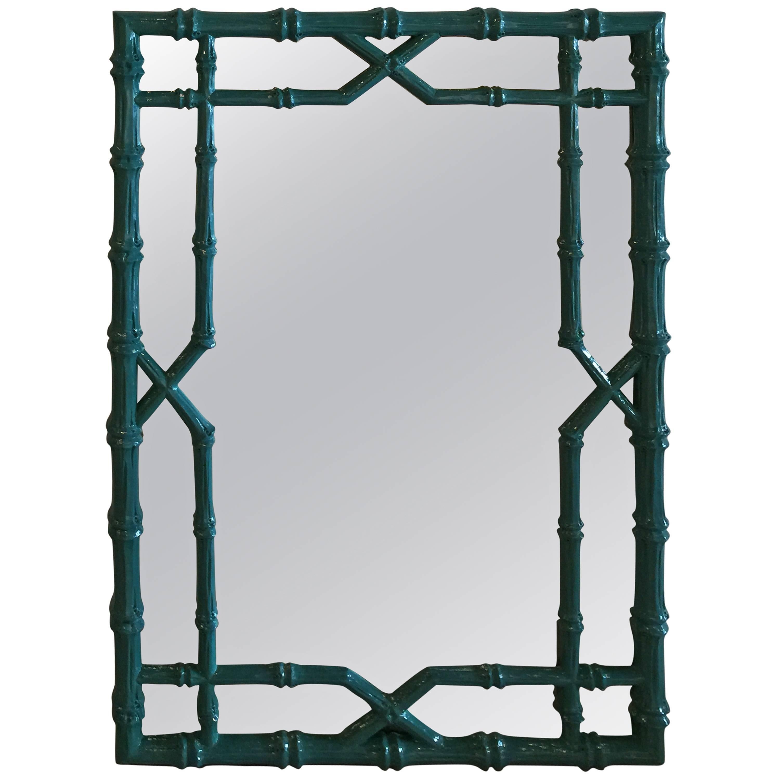 Faux Bamboo Wall Mirror Vintage Newly Lacquered Chinese Chippendale Teal Blue