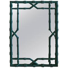 Faux Bamboo Wall Mirror Vintage Newly Lacquered Chinese Chippendale Teal Blue