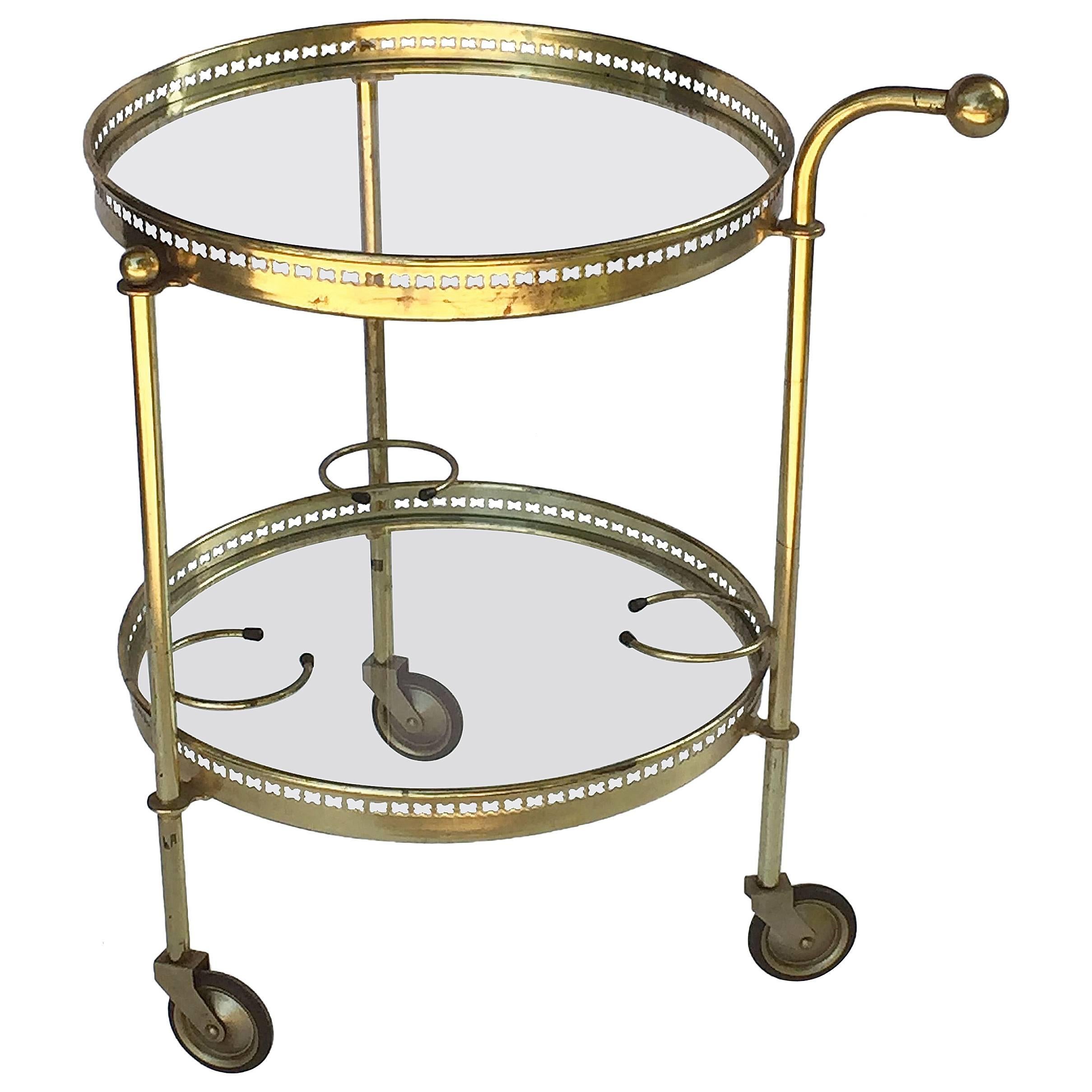 French Round Drinks Cart of Brass and Glass