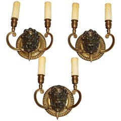 Beautiful Set of Three, French, 1940 Bronze Sconces