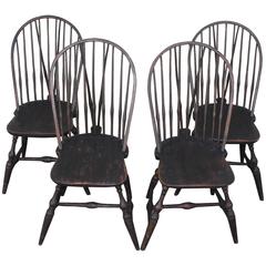 Antique 18th Century Set of Four Brace Back, New England, Windsor Chairs