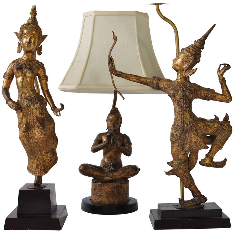 Vintage Thai Gilt Buddha Figure Lamp With The Original Paa Silk Collection Of Vintage Thai Figure Lamps
