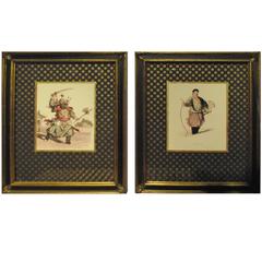 Vintage Framed Prints of Asian Soldiers in Black and Gold Wooden Frame