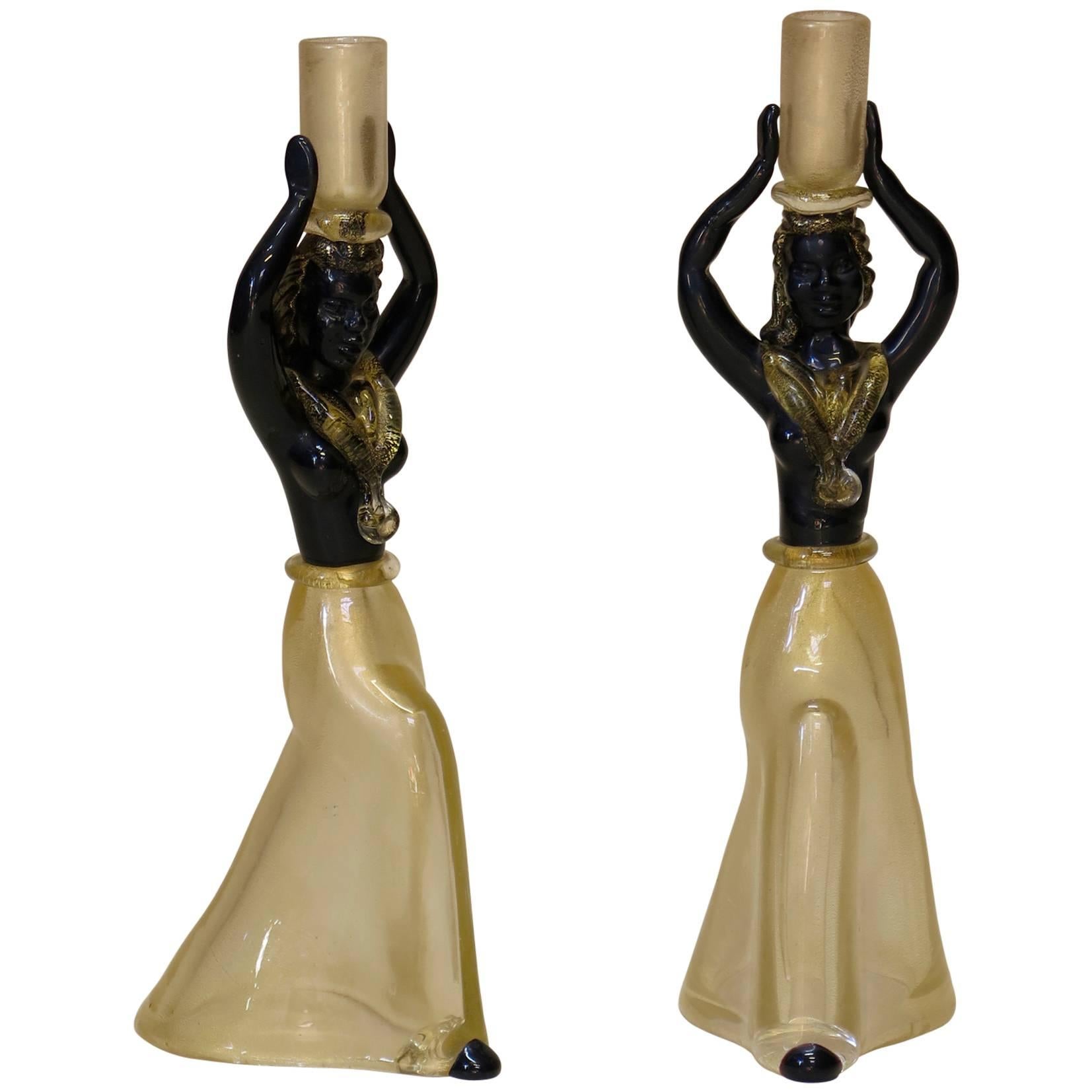 Black and Gold Murano Glass Candle Sticks, Italy, circa 1940s