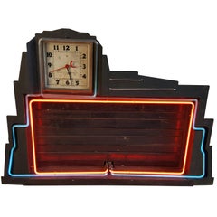 Vintage Classic Art Deco Two-Color Neon Clock and Sign, Menu Board