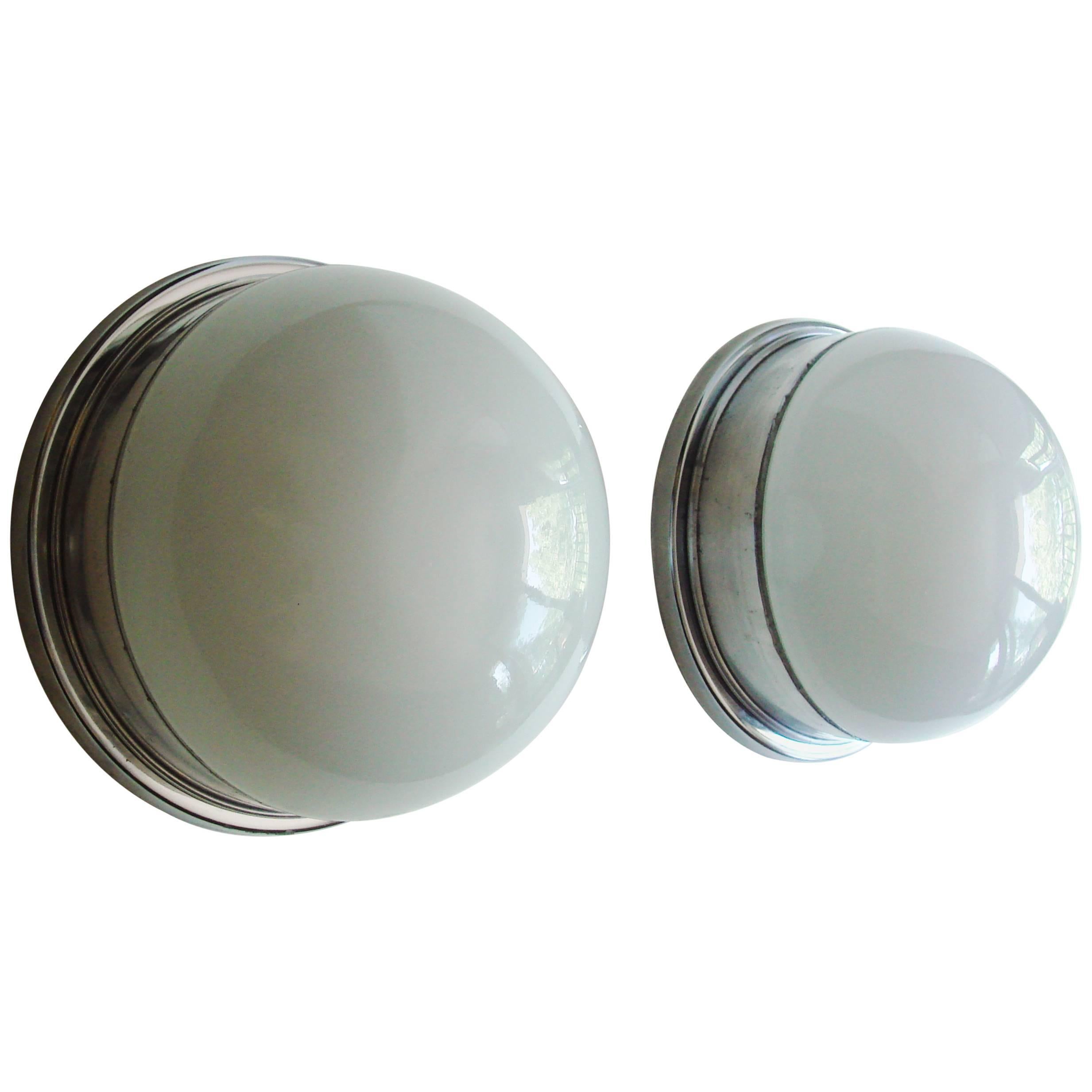 Pair of American Industrial Aluminum and Milk Glass Flush Mount Bulkhead Lights